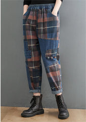 Vintage Plaid Patchwork High Waist Denim Harem Pants