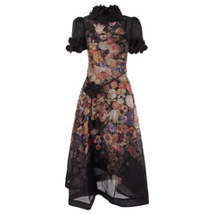 Floral Appliqued Mesh Midi Dress In Beige