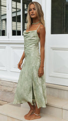 Floral Cowl Neck High Slit Slip Midi Dress - Burnt Orange