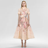 Floral Appliqued Mesh Midi Dress In Beige