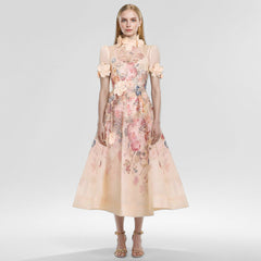 Floral Appliqued Mesh Midi Dress In Beige