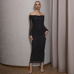 SquAre-Neck Puff Sleeve Mesh Pleated Stitched Velvet Waist Midi Dress