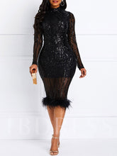 Long Sleeve Sequin Tassel Bodycon Midi Dresses