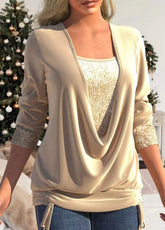 Gesmoktes Top mit Pailletten und tiefem Kragen