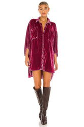 Vintage Bischofsärmel Button Up Samt High Low Shirt Kleid - Weinrot