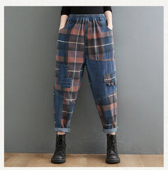 Vintage Plaid Patchwork High Waist Denim Harem Pants