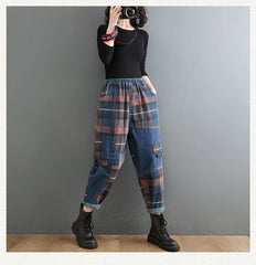 Vintage Plaid Patchwork High Waist Denim Harem Pants