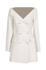 Beiges zweireihiges Bouclé-Minikleid