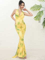 A-Linien-Minikleid mit Batikmuster und quadratischem Ausschnitt - Gelb