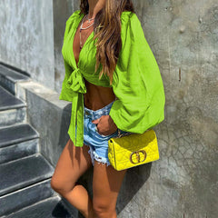 Vittoria Kurze Bluse mit Bindeband vorne - Chartreuse