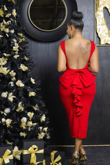 GELBES MIDI-BANDAGEKLEID MIT RIEMEN UND V-AUSSCHNITT