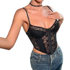 Embroidery Strap Camisole Retro Elastic Lace Backless Slim Tank Tops