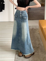 Vintage sanded long denim skirt