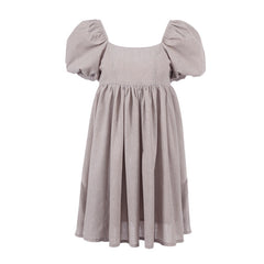 Süßes Leinen-Babydoll-Minikleid mit Puffärmeln und quadratischem Ausschnitt - Khaki