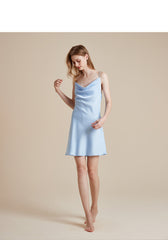 Glänzendes Satin Strass U-Ausschnitt Ärmelloses Party Minikleid - Blau