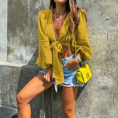 Vittoria Kurze Bluse mit Bindeband vorne - Chartreuse