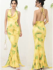 A-Linien-Minikleid mit Batikmuster und quadratischem Ausschnitt - Gelb