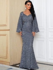 Sequined Long Sleeve Deep V Neck Elegant Slim Fit Evening Dress