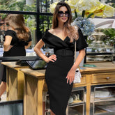 V-Ausschnitt Kurzarm Midi Bandage Kleid mit Gürtel PP211130