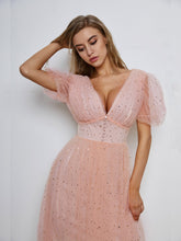 Puff Sleeve Deep V-Neck Bodice Mesh Prom Dress Sai Feel