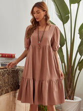 Puff Sleeve Shirred Waist Ruffles Dress Sai Feel