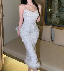 Perlenweste Feder Patchwork Pailletten Figurbetontes Kleid