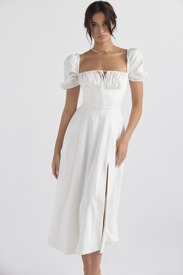 Tallulah White Puff Sleeve Midi Dress Newgew