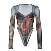 Renaissance Kunstdruck Mesh Ästhetischer Bodysuit