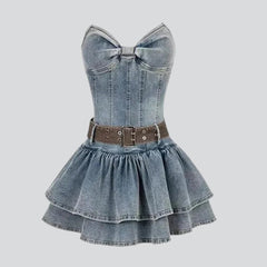 Ribbon chest strapless denim dress