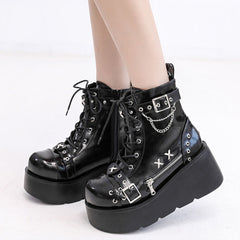Goth Plateau Stiefeletten Schnalle Reißverschluss Niet Punk Wedges High Heels Stiefel Schuhe