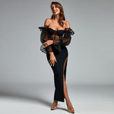 Schulterfreies Maxi-Bandagekleid aus Netzstoff