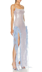 Maxikleid mit Spaghettiträgern und Rüschen in Himmelblau