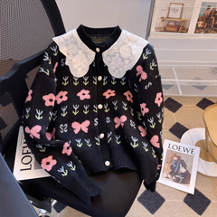 Damen Herbst und Winter Strickjacke mit Puppenkragen Pullover