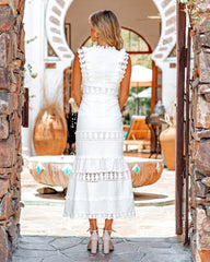 Sacha Cotton Linen Crochet Tiered Midi Dress - White Sai Feel