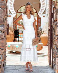 Sacha Cotton Linen Crochet Tiered Midi Dress - White Sai Feel