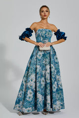 Samia Blue Puff Sleeves Off Shoulder Dress