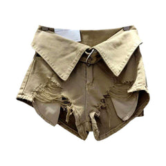 Collar waistband distressed denim shorts