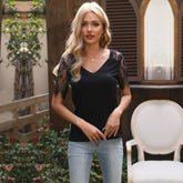 Slim-fit Solid Color V-neck Lace Short-sleeved T-shirt Sai Feel