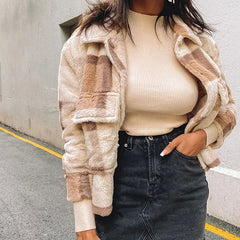 Chic Check Print Long Sleeve Button Up Flap Pocket Faux Fur Teddy Jacket - Brown