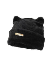 Metal Label Fuzzy Cat Beanie Mütze