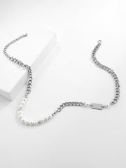 Men's Tag Faux Pearl Chain Necklace