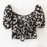 Women's French vintage Daisy puffed sleeve lace slim girlie chiffon short top Sai Feel