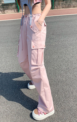 Ruched Pink Straight Leg Cargo Pants