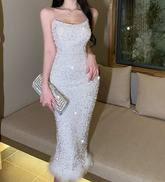 Perlenweste Feder Patchwork Pailletten Figurbetontes Kleid