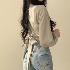 Vittoria Kurze Bluse mit Bindeband vorne - Mittelgrau