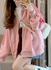 Personality Print Oversized Zip-Up Pink Hoodie