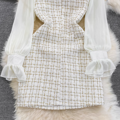 A-Linien-Kleid aus Tweed mit Chiffonnähten und langen Ärmeln