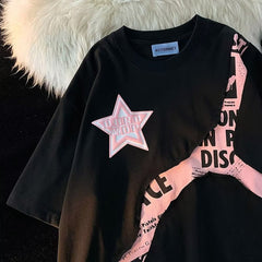 Star Letter Print Patchwork Oversized T-shirt