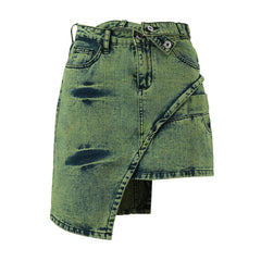 Asymmetrischer Mini-Jeansrock mit hoher Taille und Gürtel in Acid-Wash-Optik