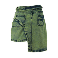 Asymmetrischer Mini-Jeansrock mit hoher Taille und Gürtel in Acid-Wash-Optik
